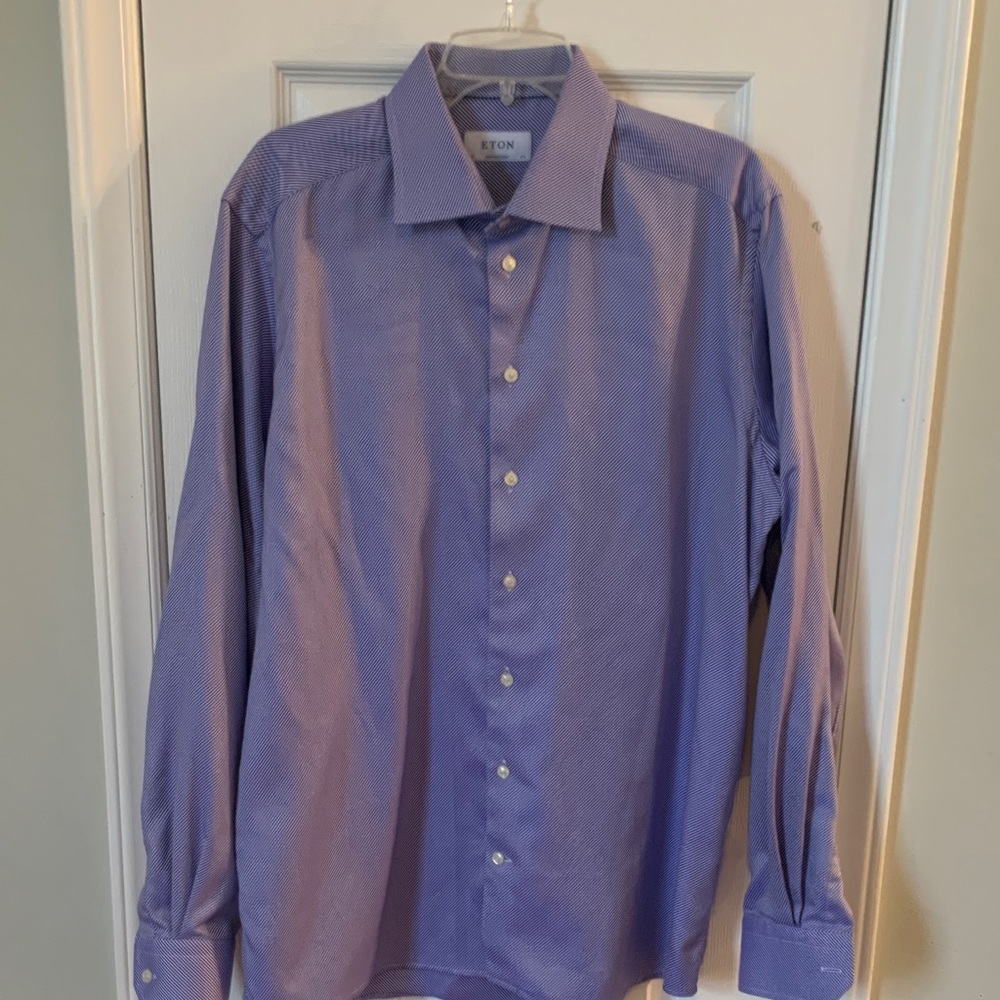 Eton Contemporary Men’s Blue & White Diagonal Striped Dress Shirt 17.5” Neck